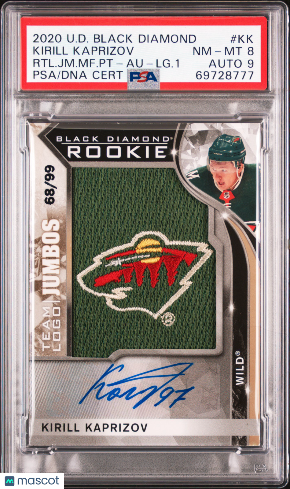 Kirill Kaprizov 2020 UD Black Diamond Auto Autograph Logo Patch RC 68/99 PSA 8