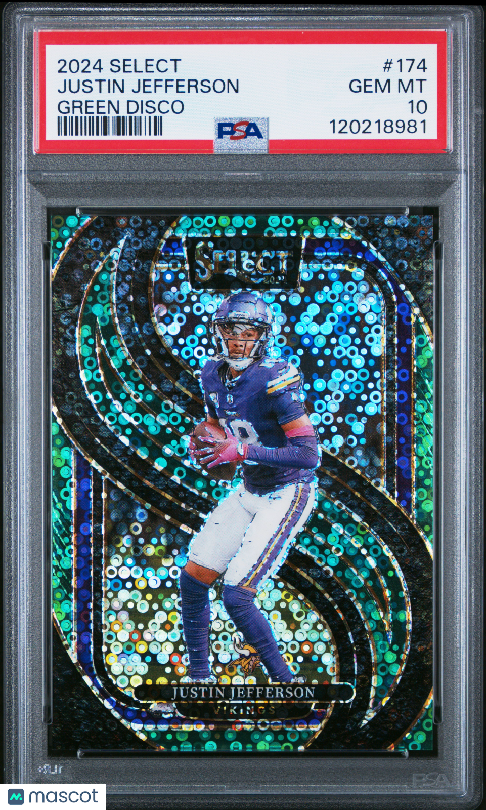 Justin Jefferson 2024 Select Green Disco Prizm SSP Minnesota Vikings 4/5 PSA 10