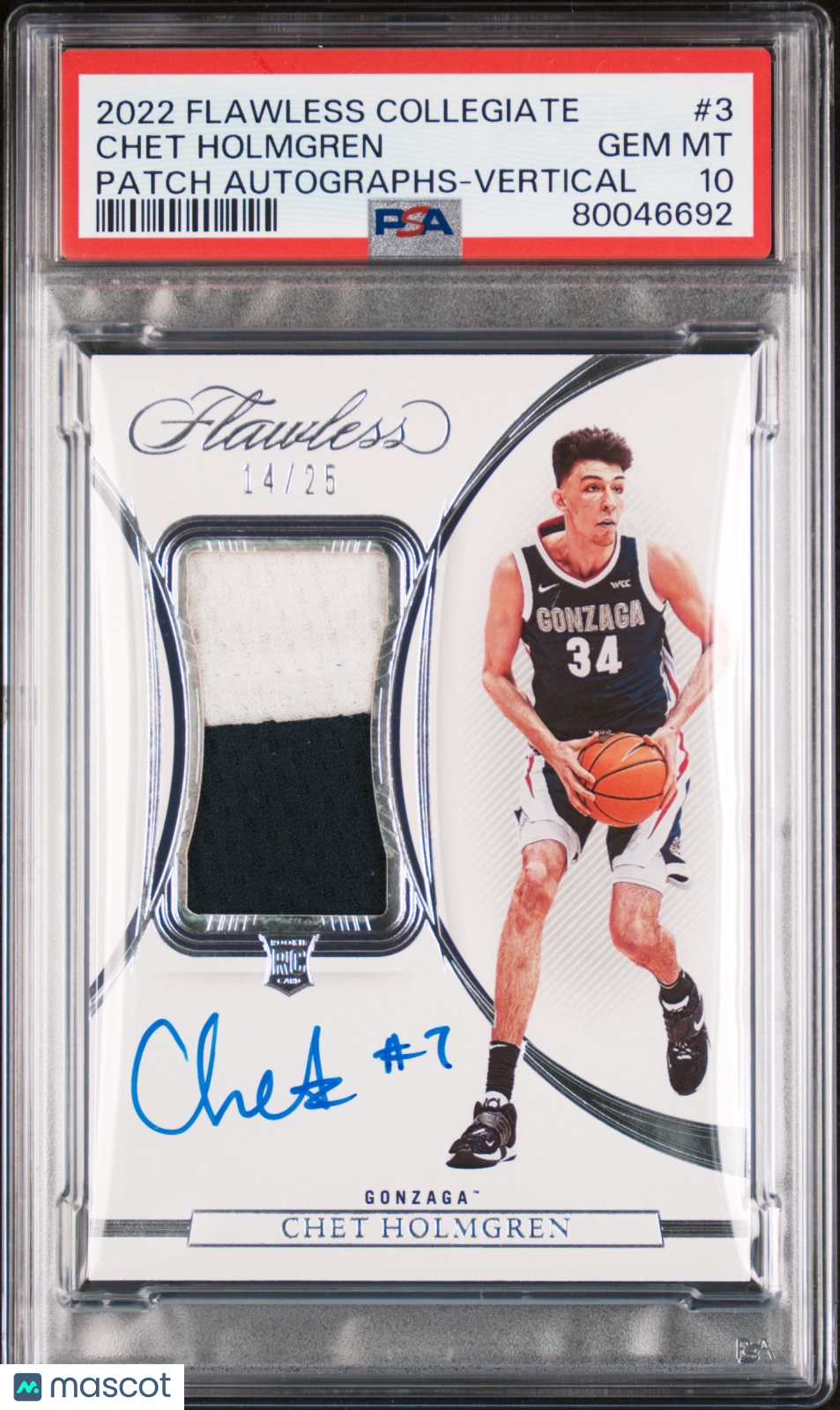 Chet Holmgren 2022 Flawless Auto Autograph Patch RC Gonzaga Thunder 14/25 PSA 10