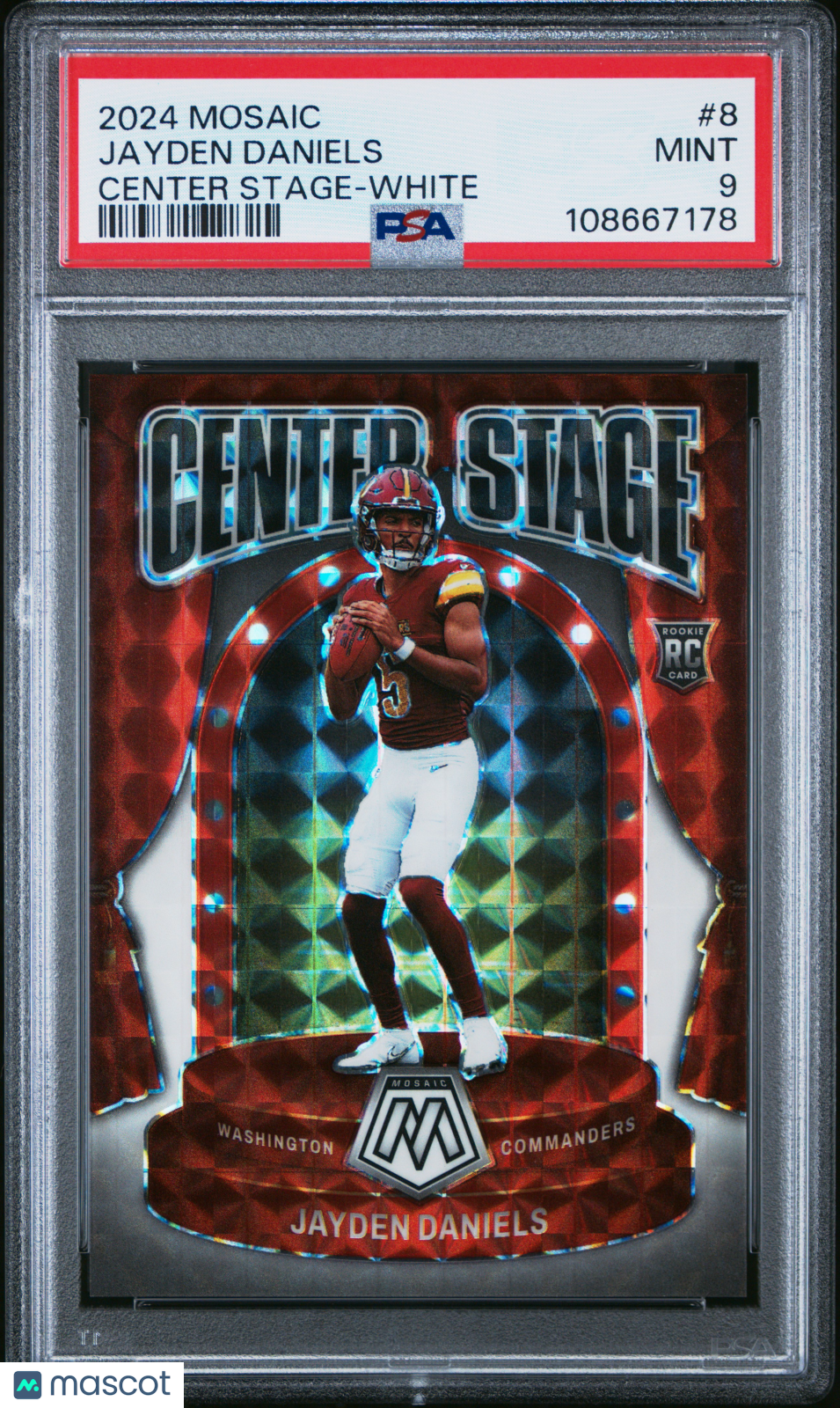 Jayden Daniels 2024 Mosaic Center Stage White Rookie RC Commanders 13/25 PSA 9
