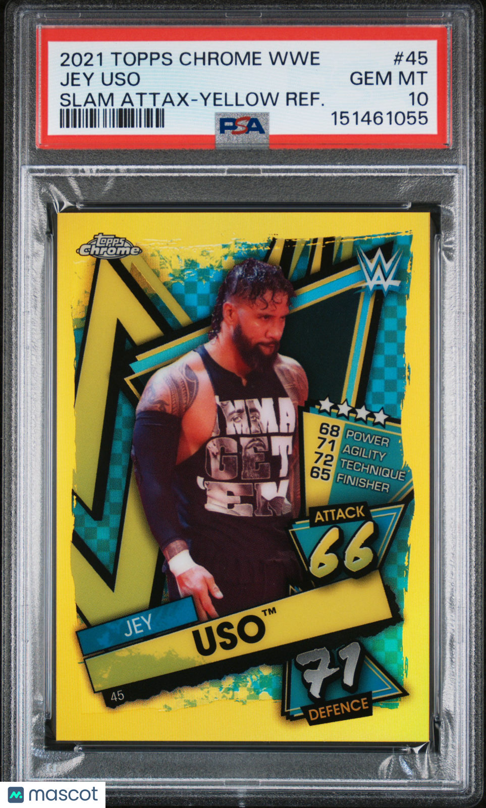 Jey Uso 2021 Topps Chrome WWE Slam Attax Yellow Refractor 93/99 PSA 10