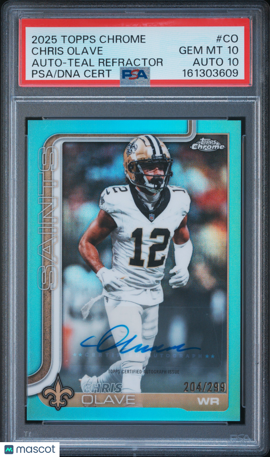 Chris Olave 2025 Topps Chrome Auto Autograph Teal New Orleans Saints /299 PSA 10