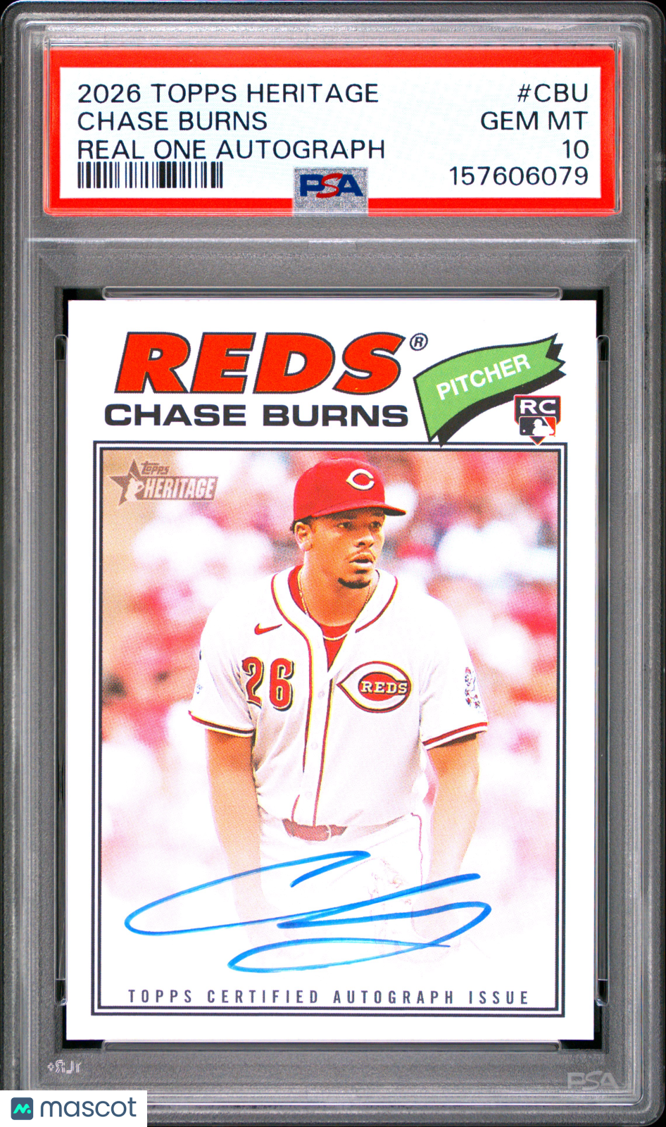 Chase Burns 2026 Topps Heritage Real One Auto Autograph RC Reds PSA 10