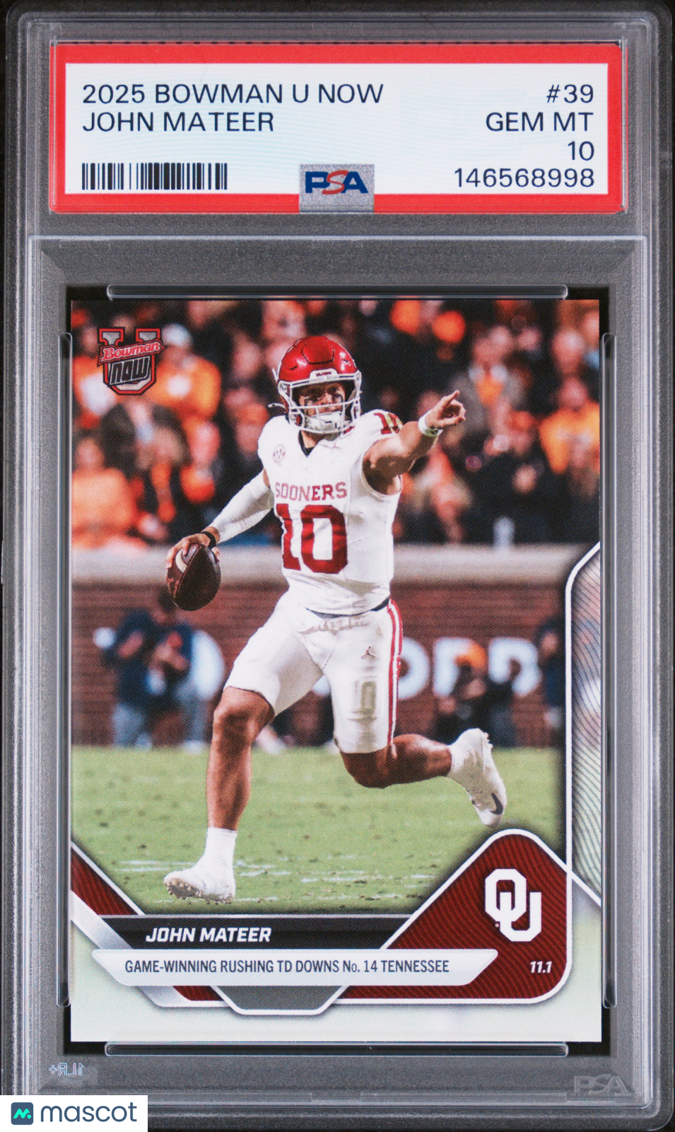 John Mateer 2025 Bowman U Now Rookie RC Oklahoma Sooners #39 PSA 10
