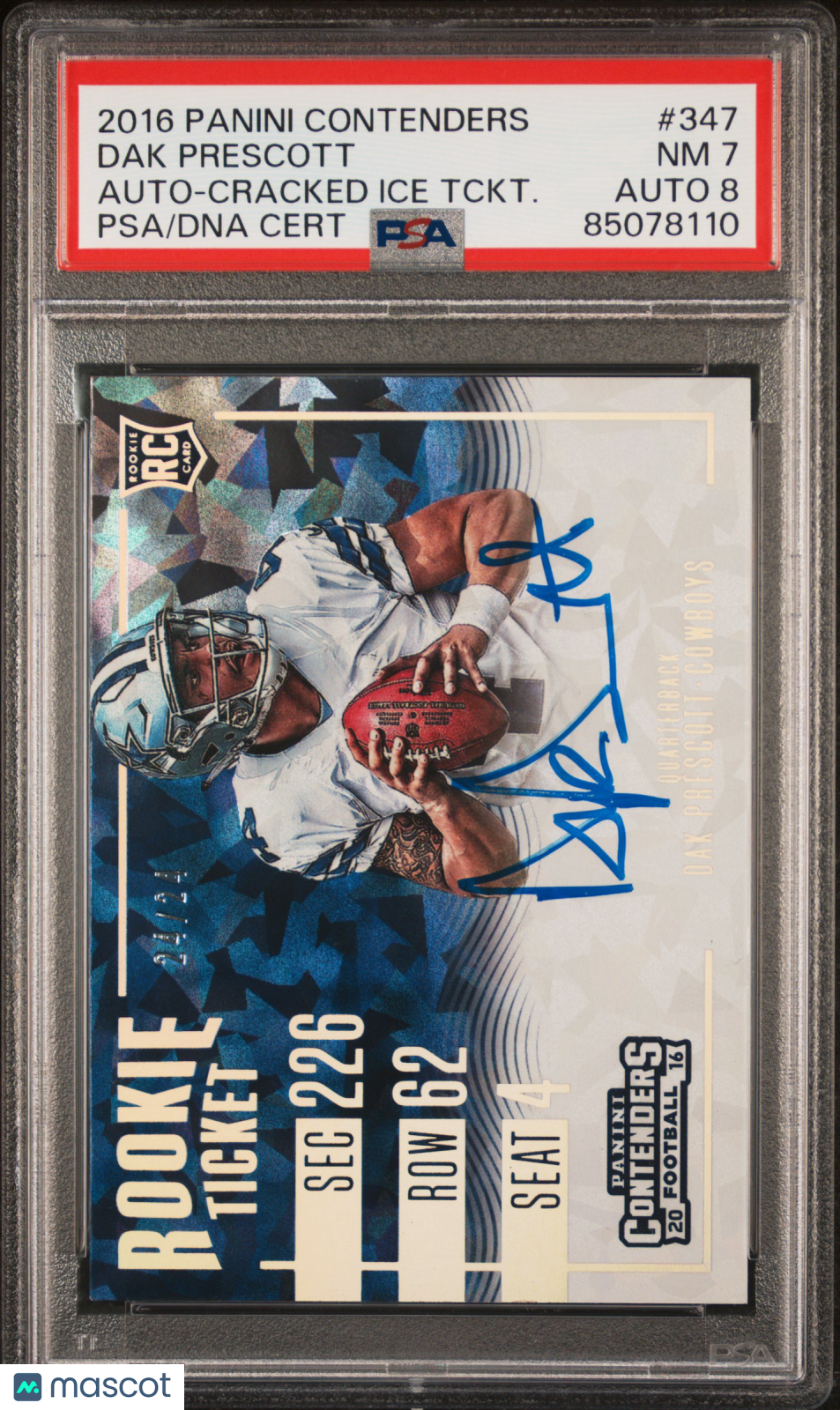 Dak Prescott 2016 Contenders Auto Autograph RC Cracked Ice Cowboys 24/24 PSA 7