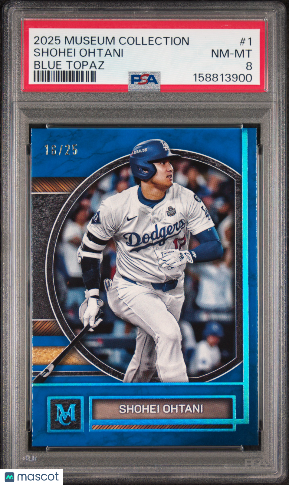Shohei Ohtani 2025 Topps Museum Collection Blue Topaz LA Dodgers 16/25 PSA 8