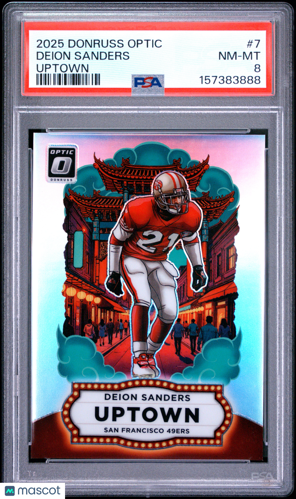 Deion Sanders 2025 Optic Uptown CASE HIT SSP San Francisco 49ers PSA 8