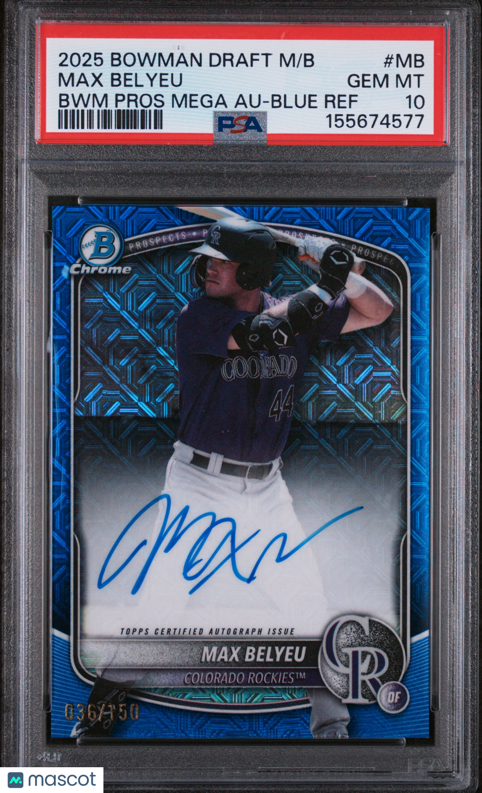 Max Belyeu 2025 Bowman Chrome Blue Auto Autograph RC Rockies 36/150 PSA 10