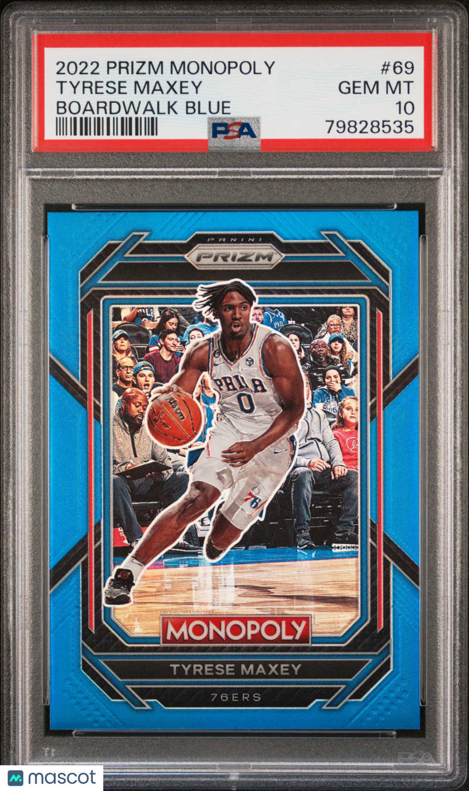 Tyrese Maxey 2022 Prizm Monopoly Boardwalk Blue SSP 76ers 11/15 PSA 10