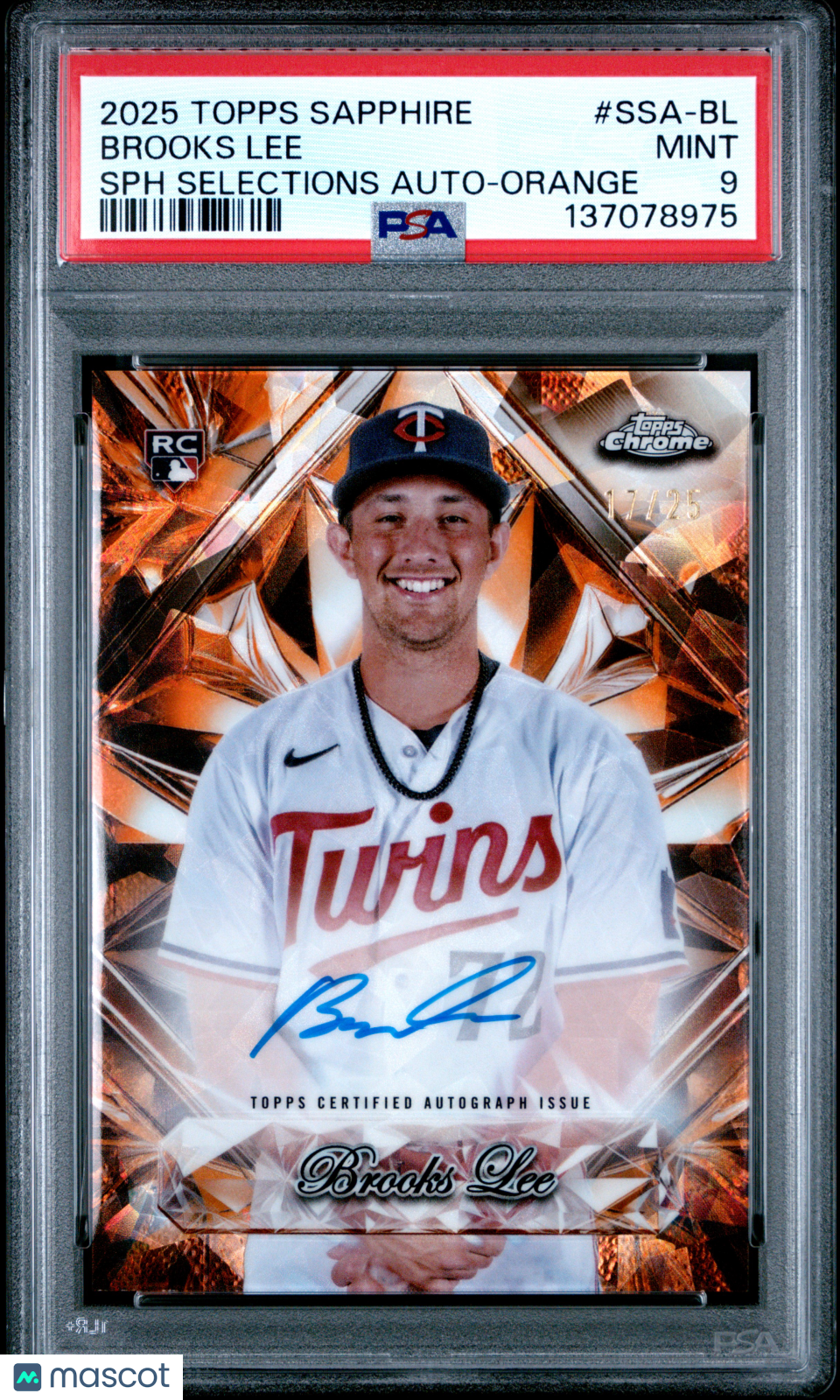Brooks Lee 2025 Topps Chrome Sapphire Selections Autograph RC Twins 17/25 PSA 9