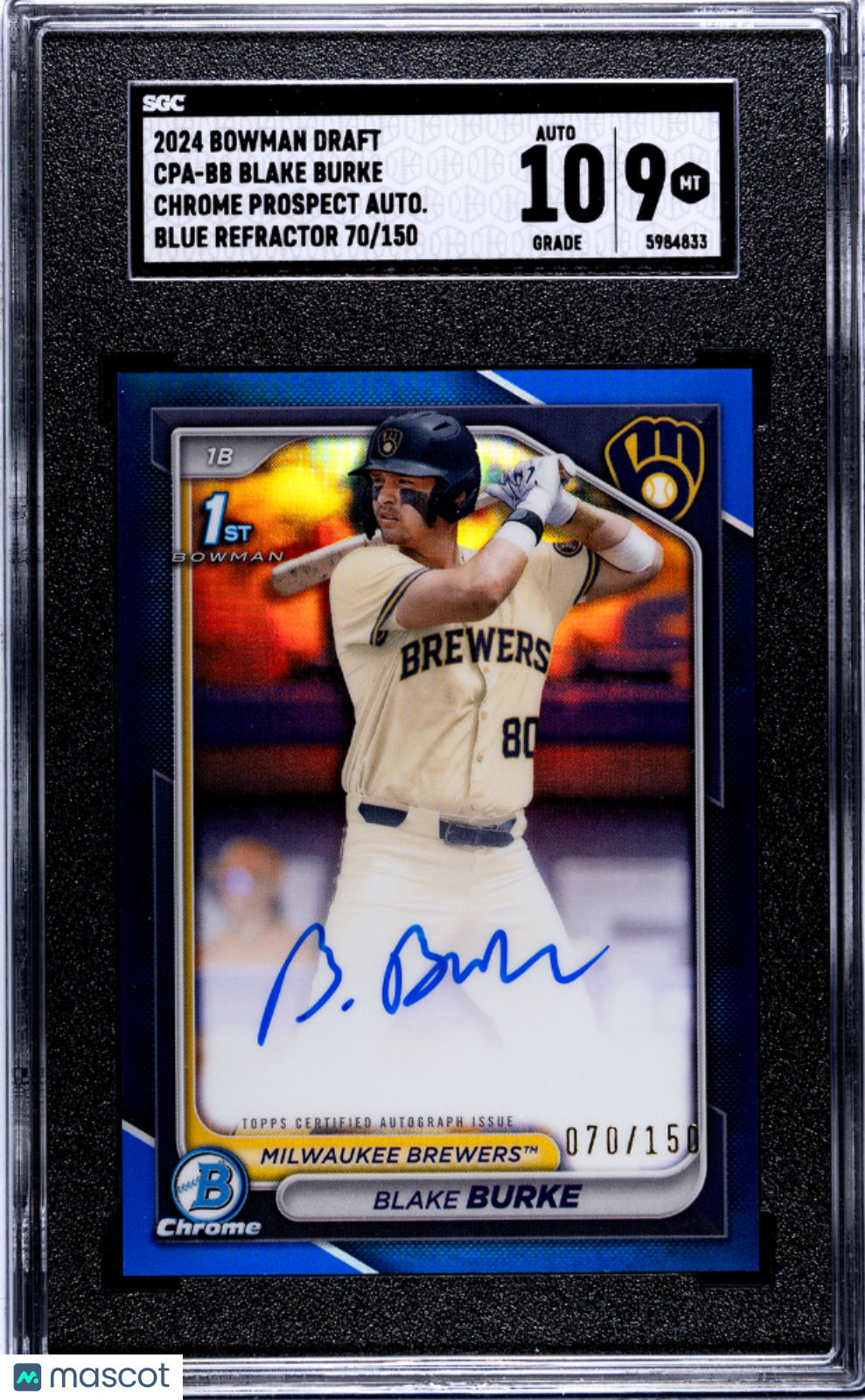 Blake Burke 2024 Bowman Chrome 1st Auto Autograph Blue Brewers 70/150 SGC 9