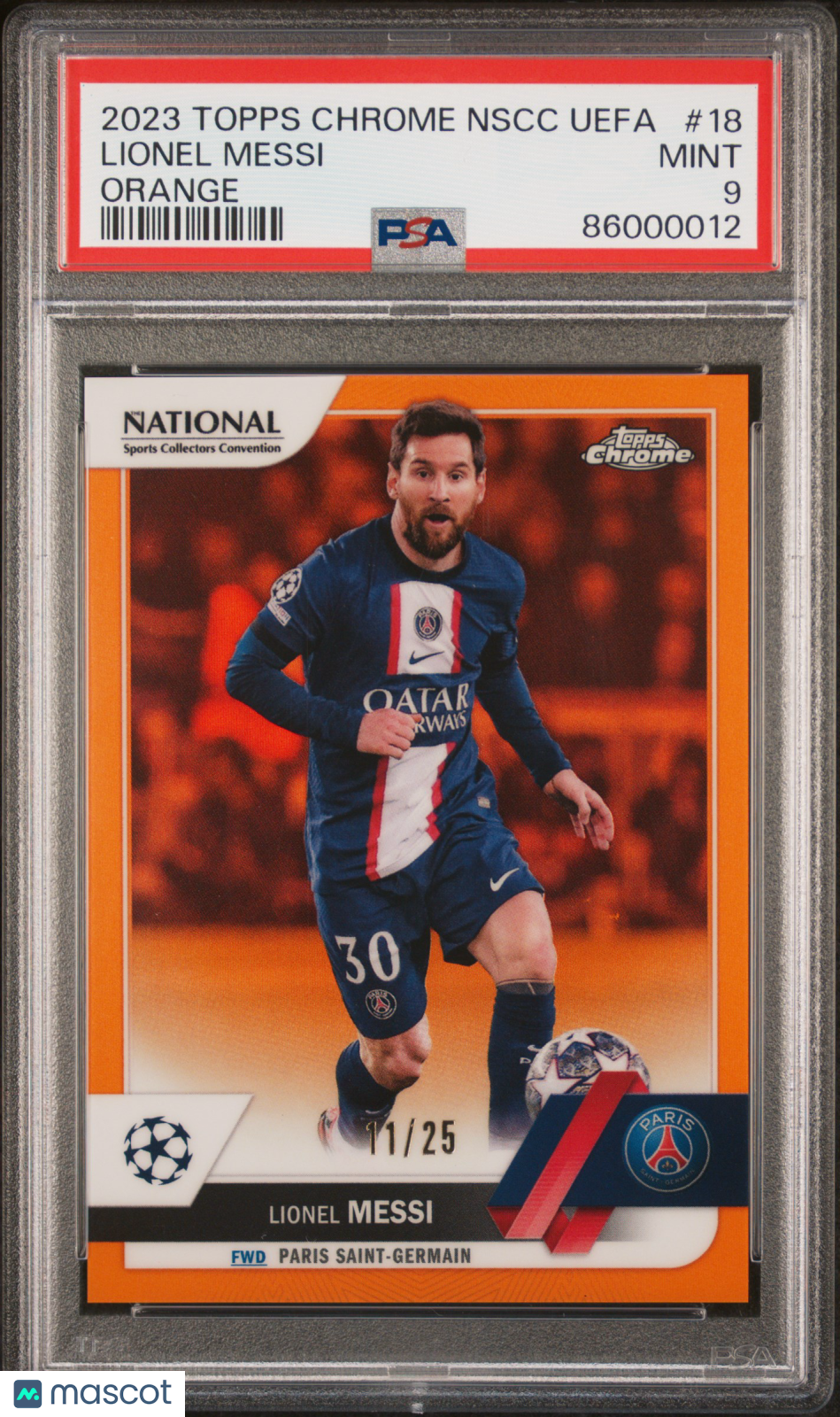 Lionel Messi 2023 Topps Chrome Orange Refractor Paris Saint-Germain 11/25 PSA 9