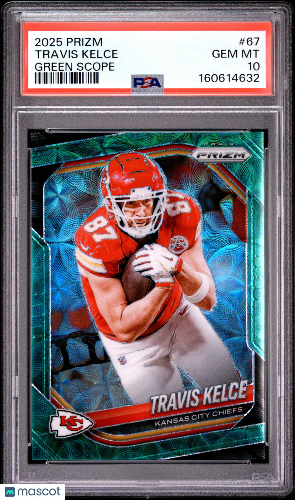 Travis Kelce 2025 Prizm Green Scope Prizm Kansas City Chiefs 40/75 PSA 10
