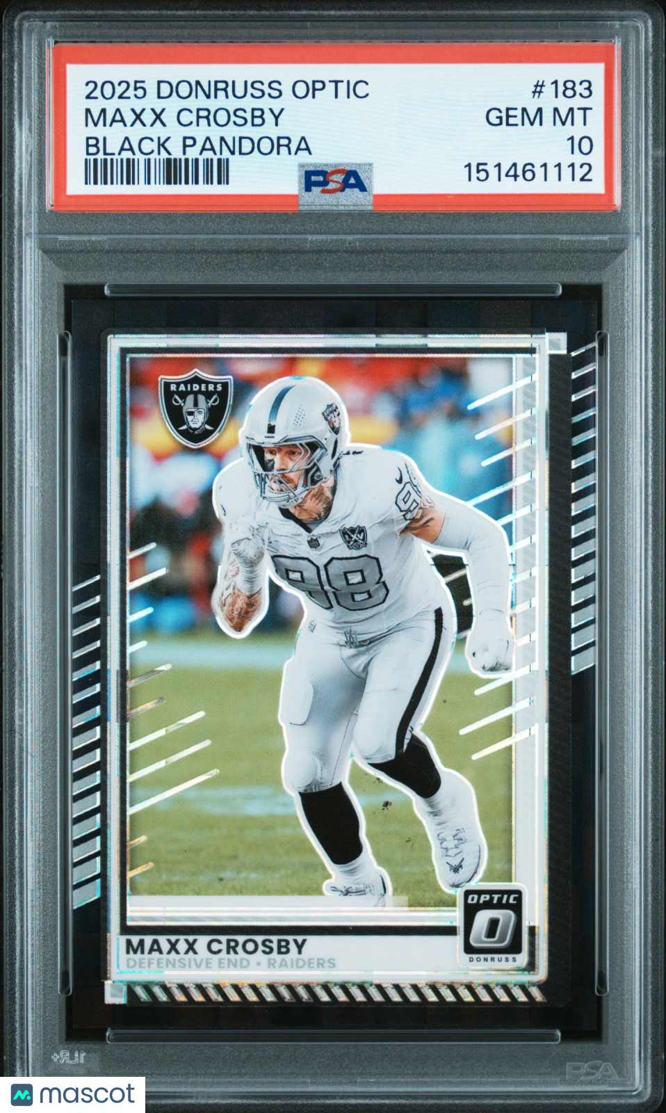 Maxx Crosby 2025 Optic Black Pandora Prizm Las Vegas Raiders 3/25 PSA 10