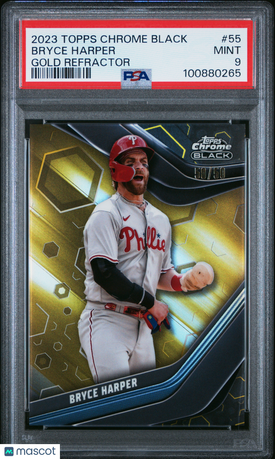 Bryce Harper 2023 Topps Chrome Black GOLD Refractor Phillies 50/50 PSA 9