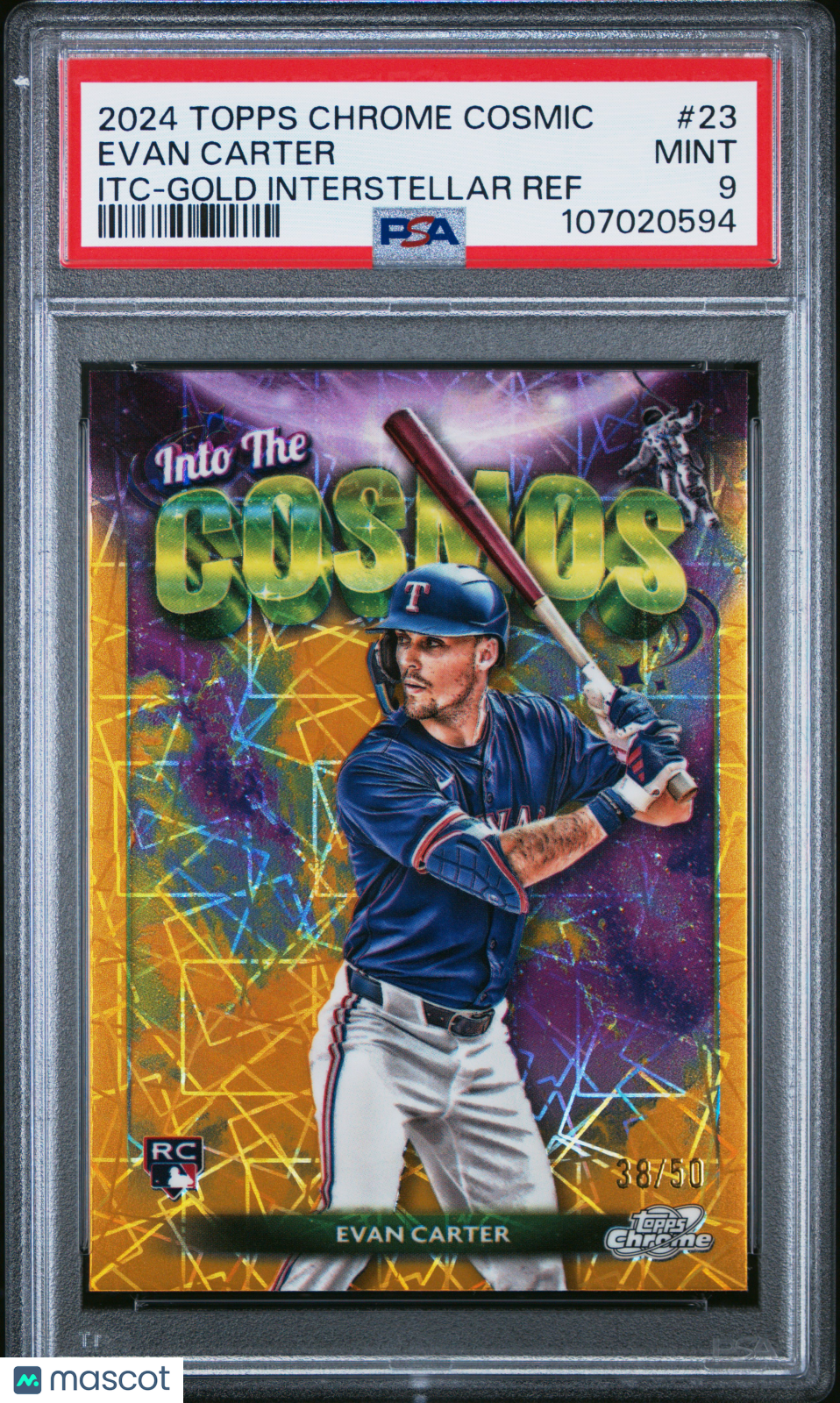 Evan Carter 2024 Topps Cosmic Chrome Into The Cosmos GOLD RC Rangers 38/50 PSA 9