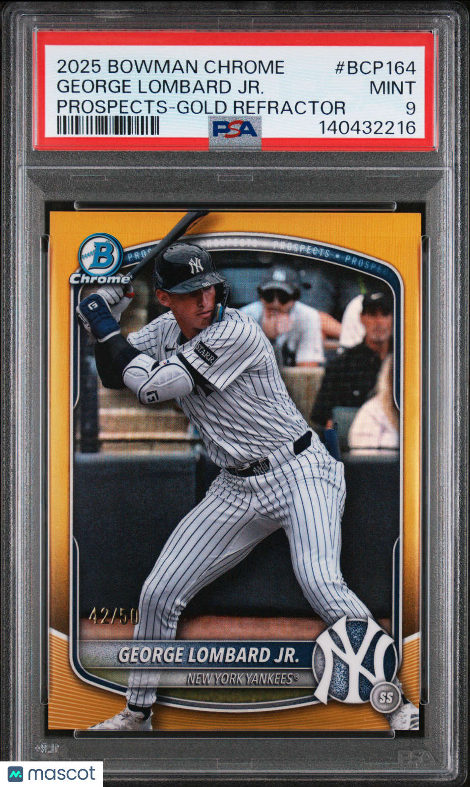 George Lombard Jr. 2025 Bowman Chrome GOLD Refractor Yankees 42/50 PSA 9