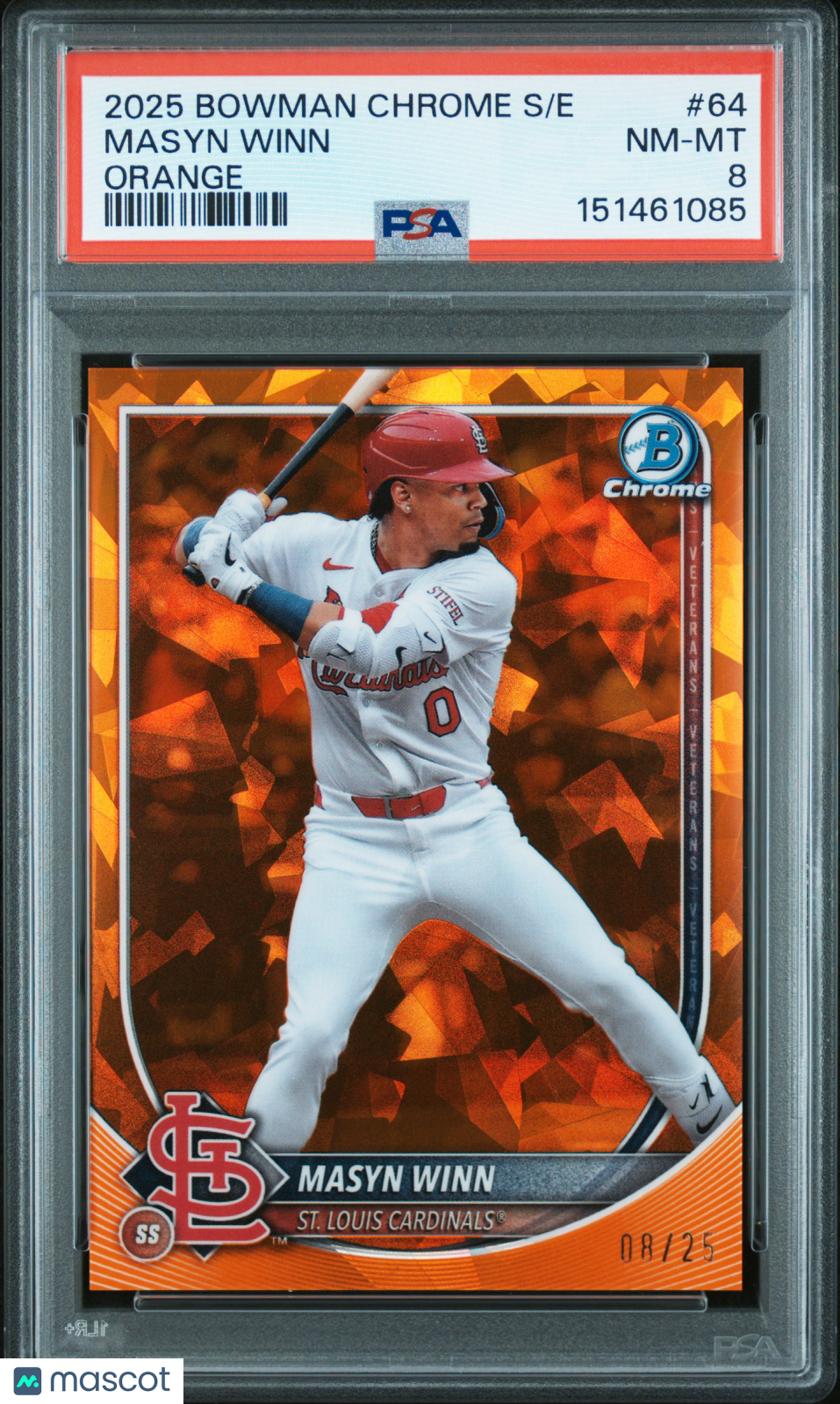 Masyn Winn 2025 Bowman Chrome Sapphire Orange Refractor Cardinals 8/25 PSA 8