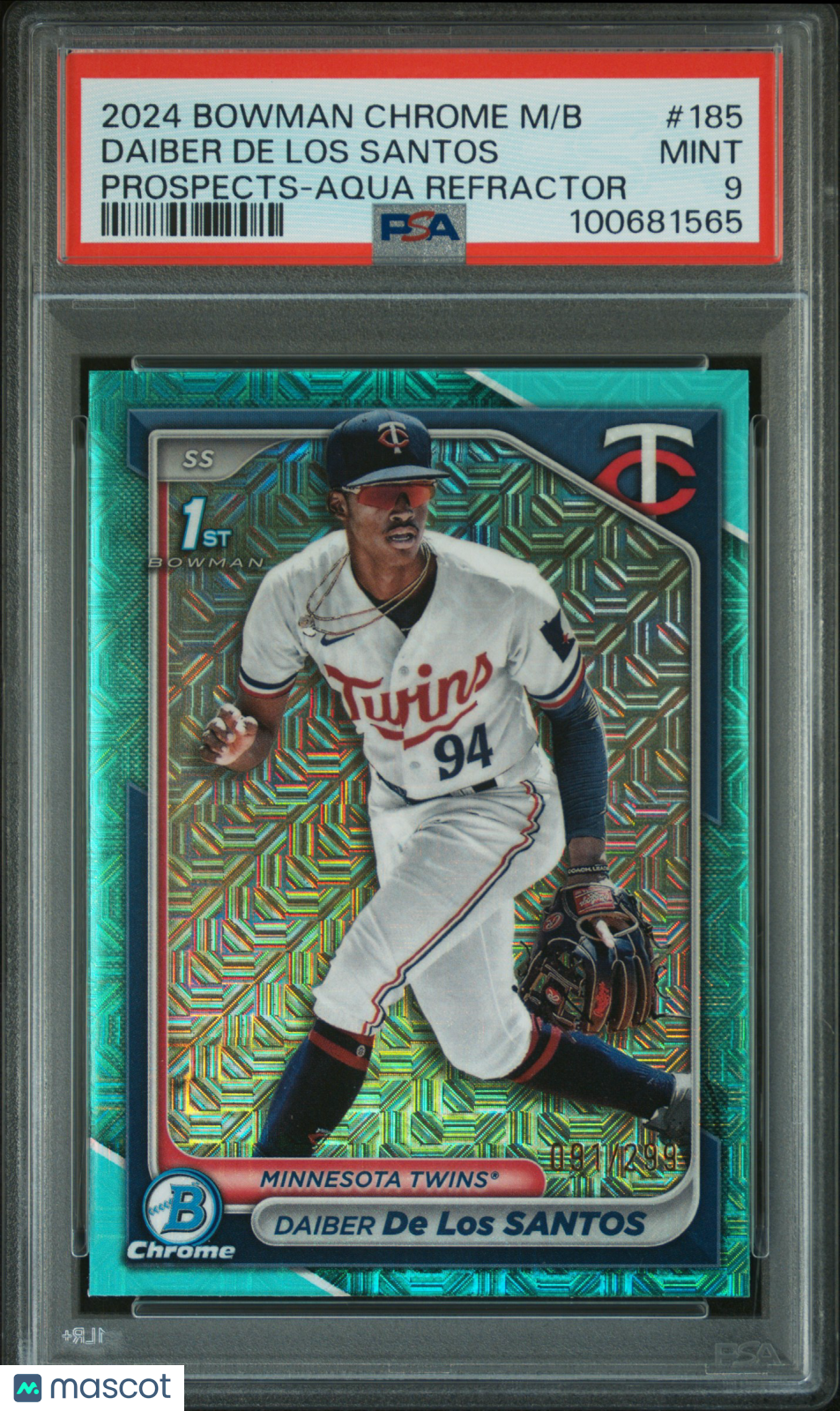 Daiber De Los Santos 2024 Bowman Chrome 1st Aqua RC Twins 91/299 PSA 9