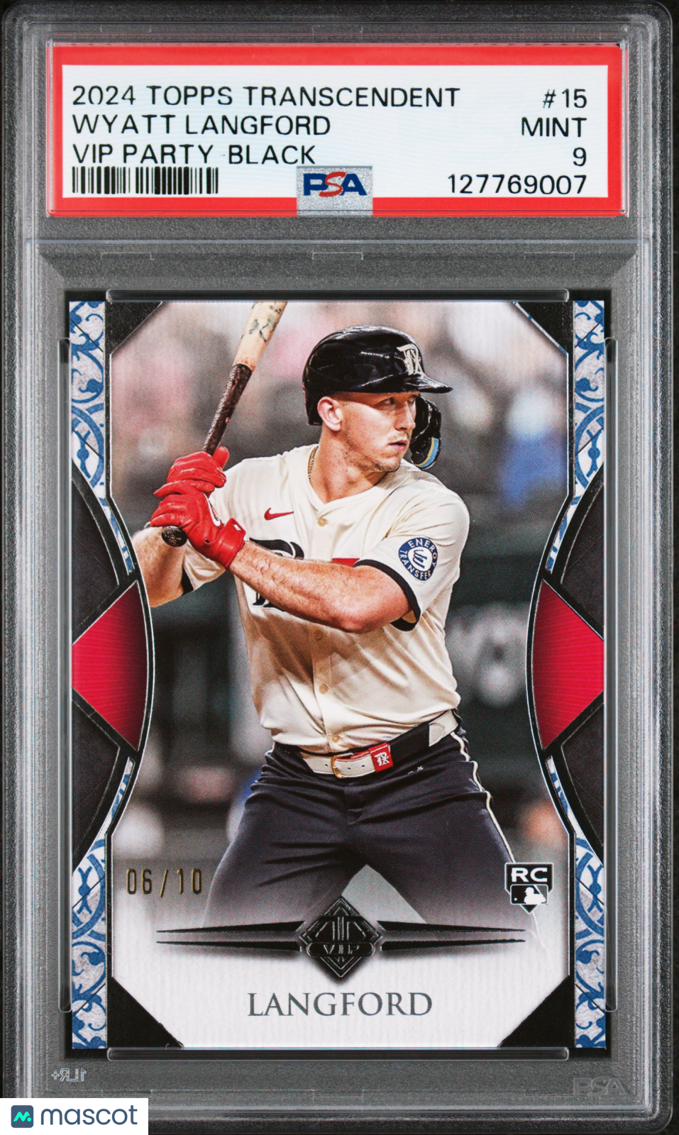 Wyatt Langford 2024 Topps Transcendent Vip Party Black Rookie Rangers 6/10 PSA 9