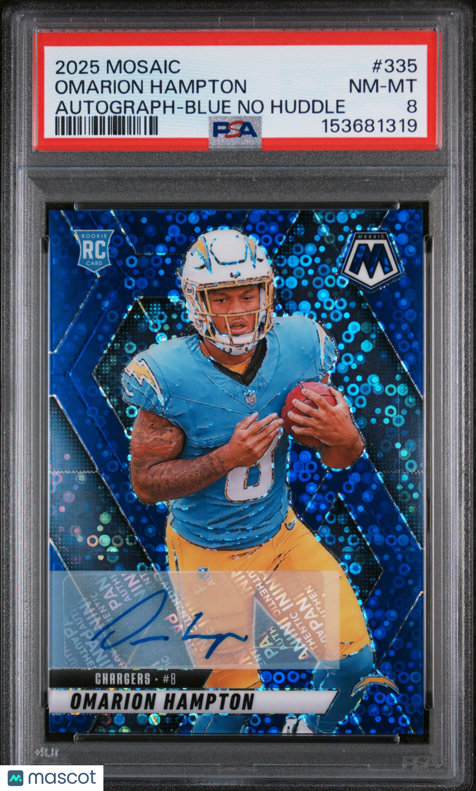 Omarion Hampton 2025 Mosaic Auto Autograph Blue Disco RC Chargers PSA 8