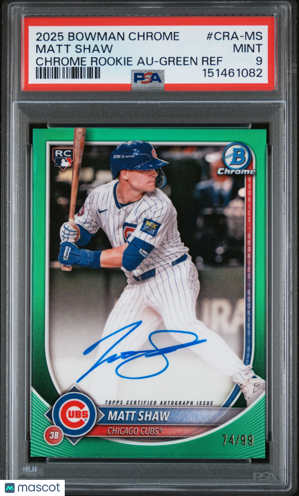 Matt Shaw 2025 Bowman Chrome Auto Autograph RC Green Cubs 74/99 PSA 9