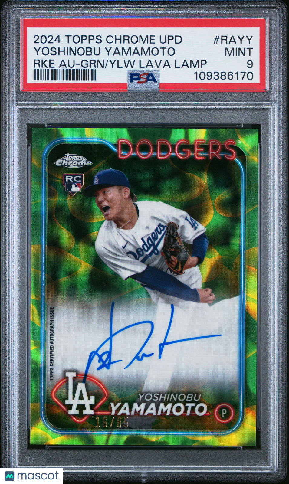 Yoshinobu Yamamoto 2024 Topps Chrome Lava Auto Autograph RC 16/85 Dodgers PSA 9