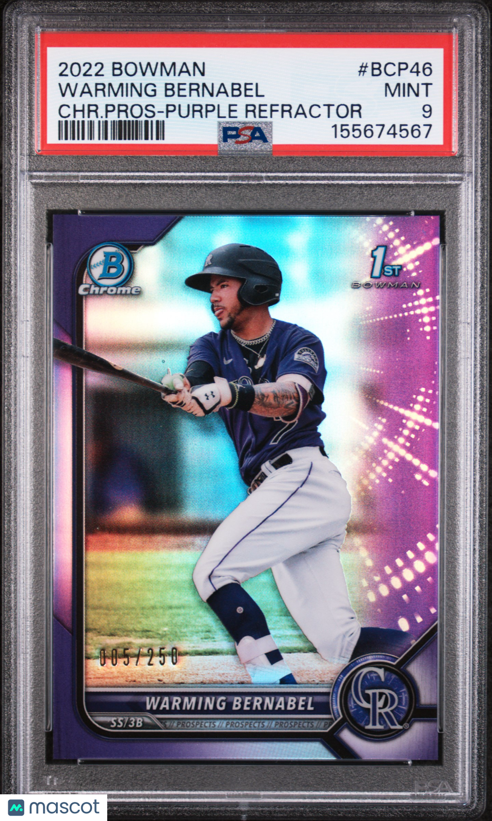 Warming Bernabel 2022 Bowman Chrome 1st Purple RC Rockies 5/250 PSA 9