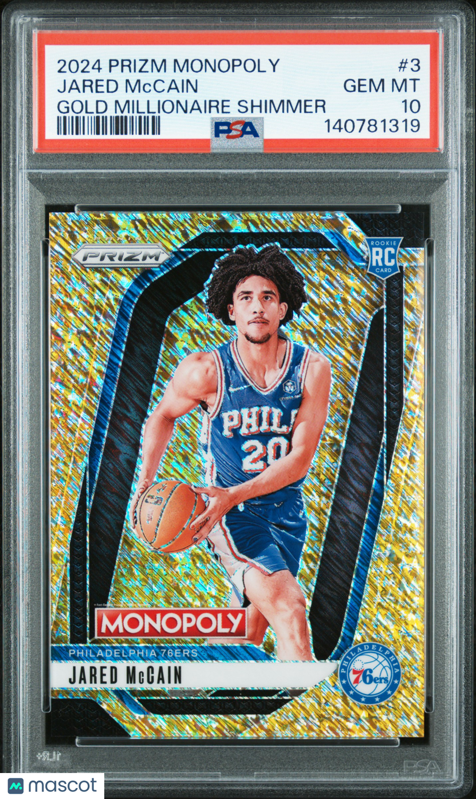 Jared Mccain 2024-25 Prizm Monopoly Gold Millionaire RC 76ers 475500 PSA 10