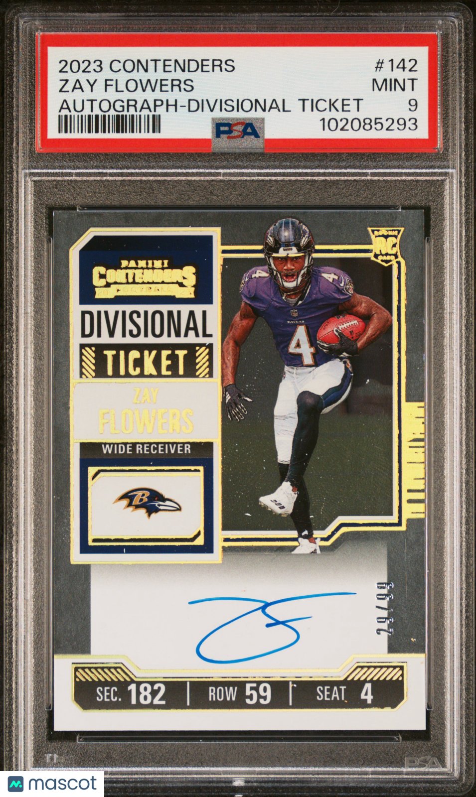 Zay Flowers 2023 Contenders Auto Autograph Rookie Baltimore Ravens 29/99 PSA 9