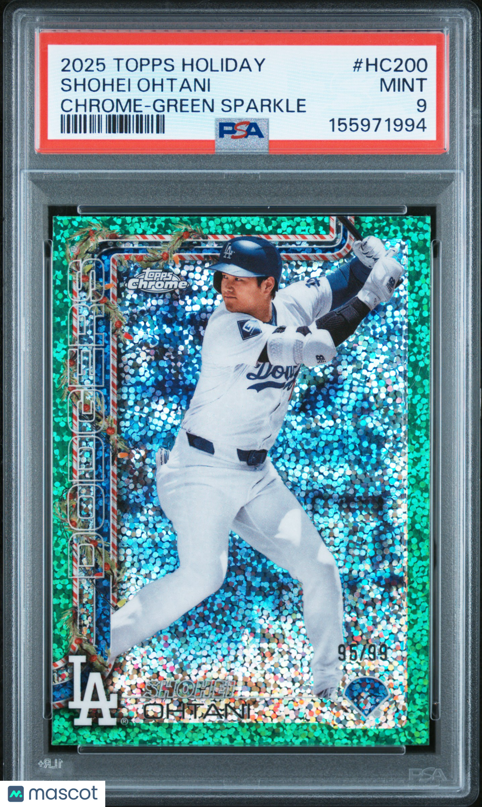 Shohei Ohtani 2025 Topps Holiday Chrome Green Sparkle Dodgers 95/99 PSA 9