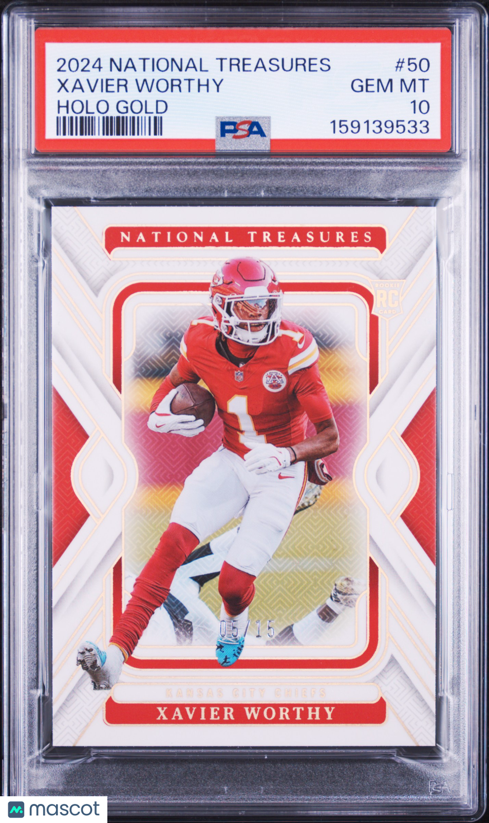Xavier Worthy 2024 National Treasures GOLD Rookie RC KC Chiefs 5/15 PSA 10